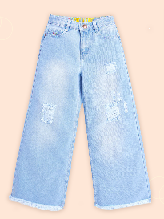 Knit N Knot Girls' Wide Flaring Fit High Waist Light Blue Tearing Jeans with Bottom Fringes