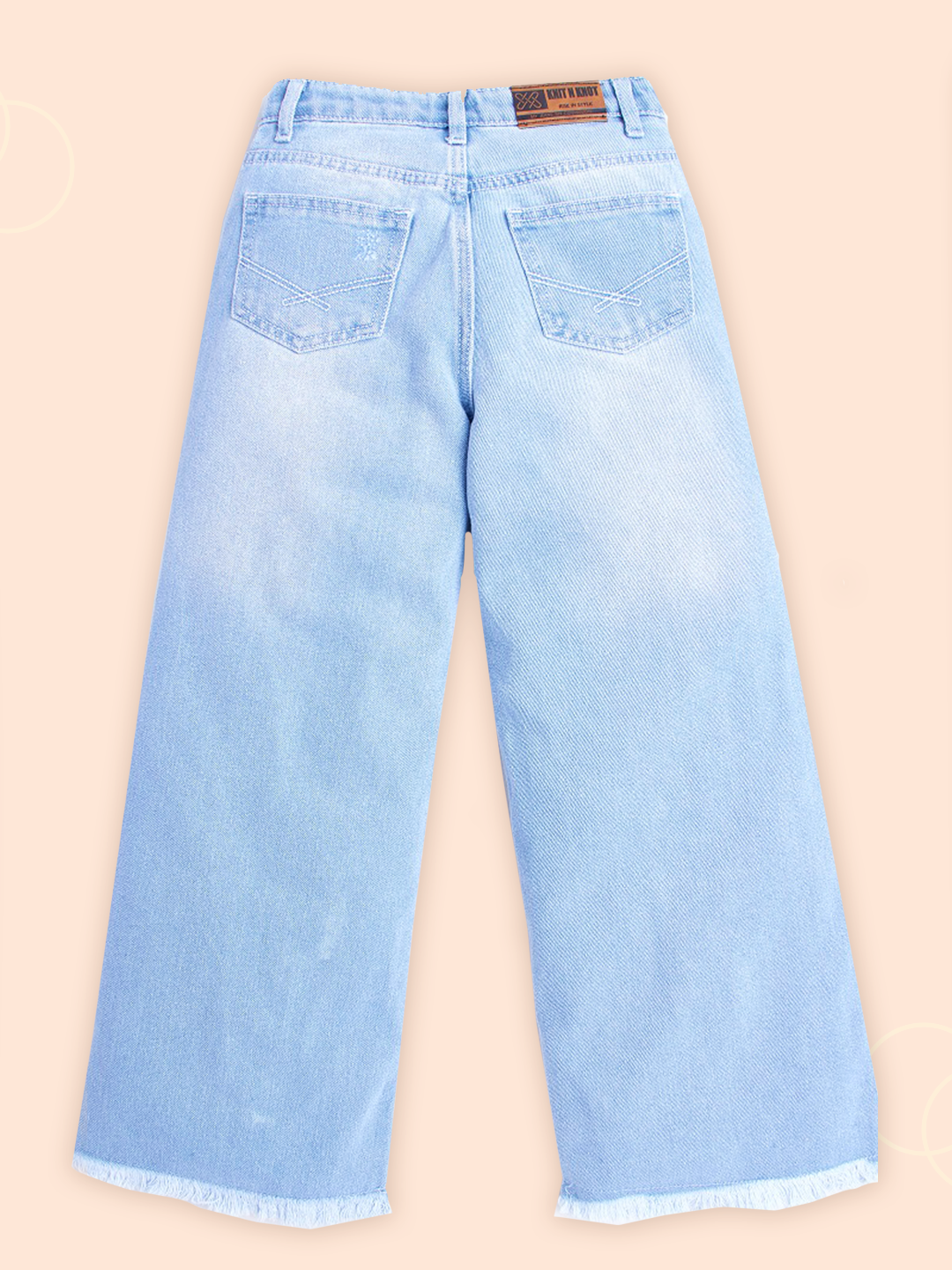 Knit N Knot Girls' Wide Flaring Fit High Waist Light Blue Tearing Jeans with Bottom Fringes