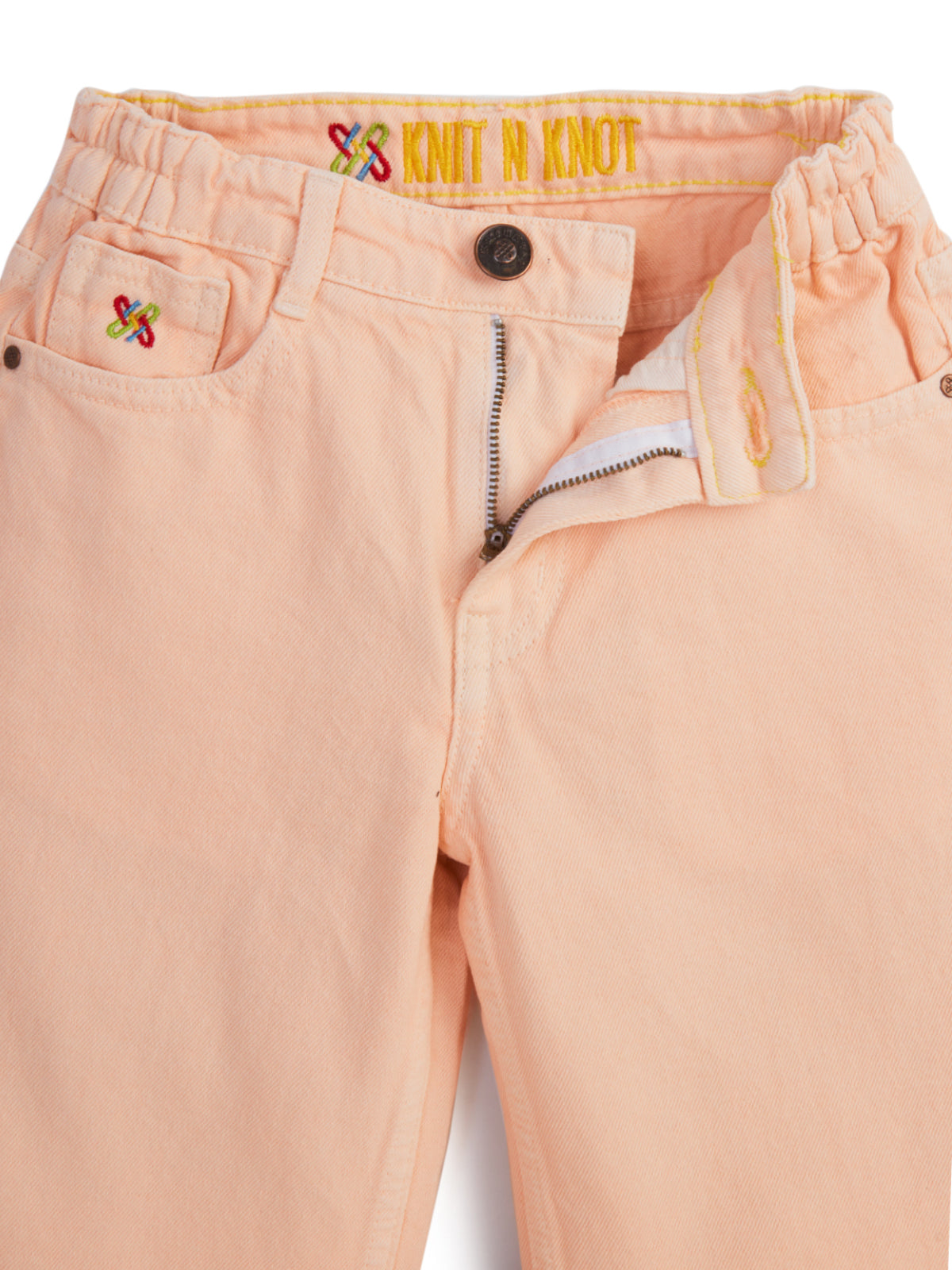 Knit N Knot Girls' Peach Wide Flaring Fit Cotton Denim Jeans with Fringed Hem