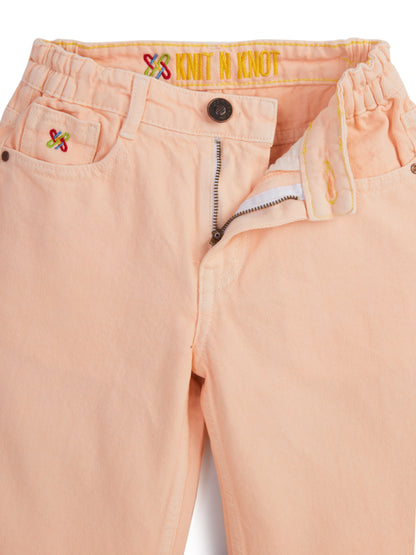 Knit N Knot Girls' Peach Wide Flaring Fit Cotton Denim Jeans with Fringed Hem