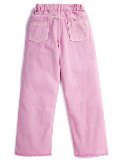 Knit N Knot Girls' Pink Wide Flaring Fit Cotton Denim Jeans with Fringed Hem