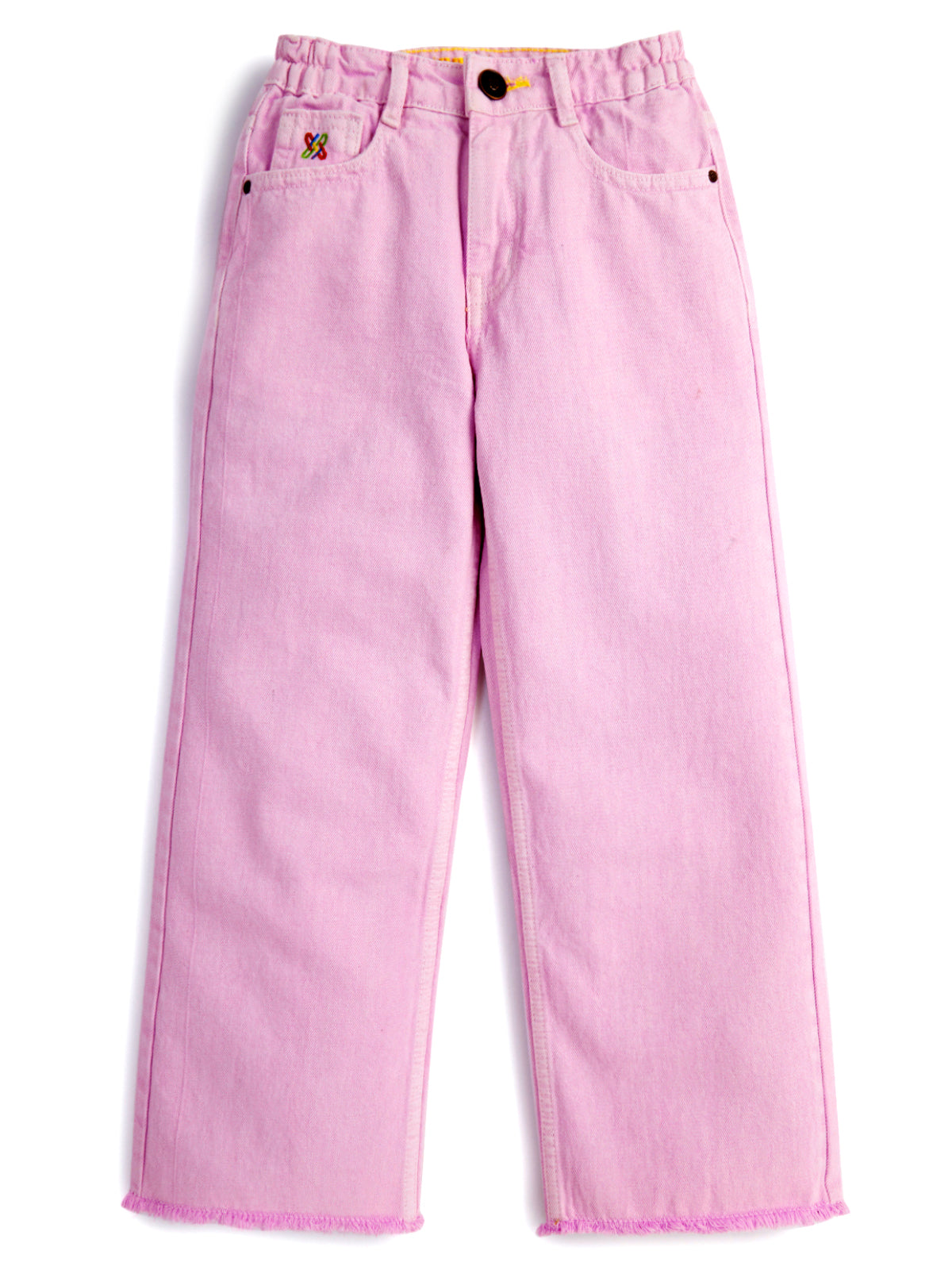 Knit N Knot Girls' Pink Wide Flaring Fit Cotton Denim Jeans with Fringed Hem