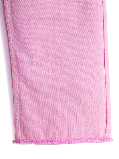 Knit N Knot Girls' Pink Wide Flaring Fit Cotton Denim Jeans with Fringed Hem