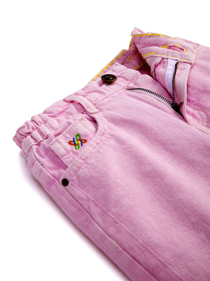 Knit N Knot Girls' Pink Wide Flaring Fit Cotton Denim Jeans with Fringed Hem