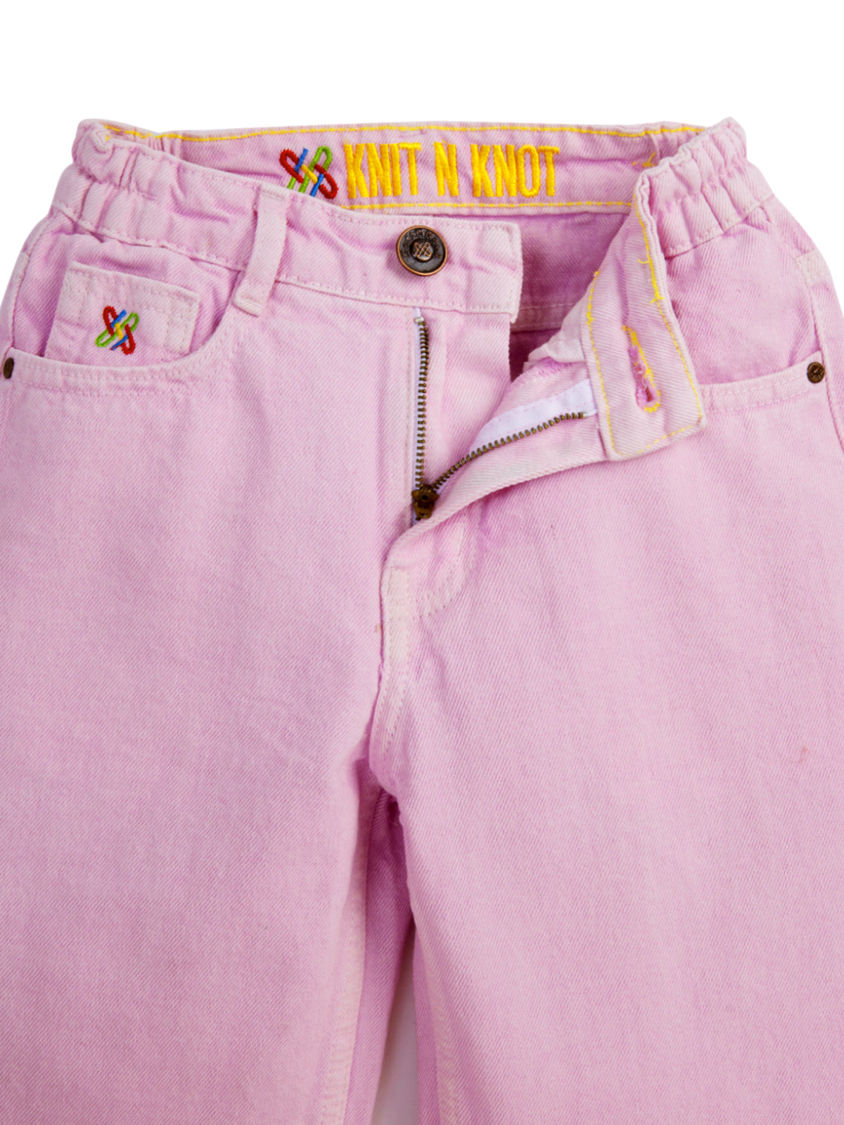 Knit N Knot Girls' Pink Wide Flaring Fit Cotton Denim Jeans with Fringed Hem