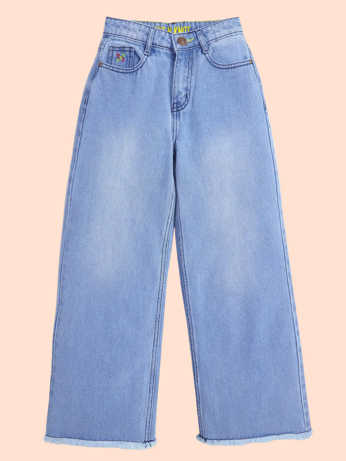 Knit N Knot Girls' Wide Flaring Fit High Waist Heavy Faded Blue Fringed Bottom Jeans