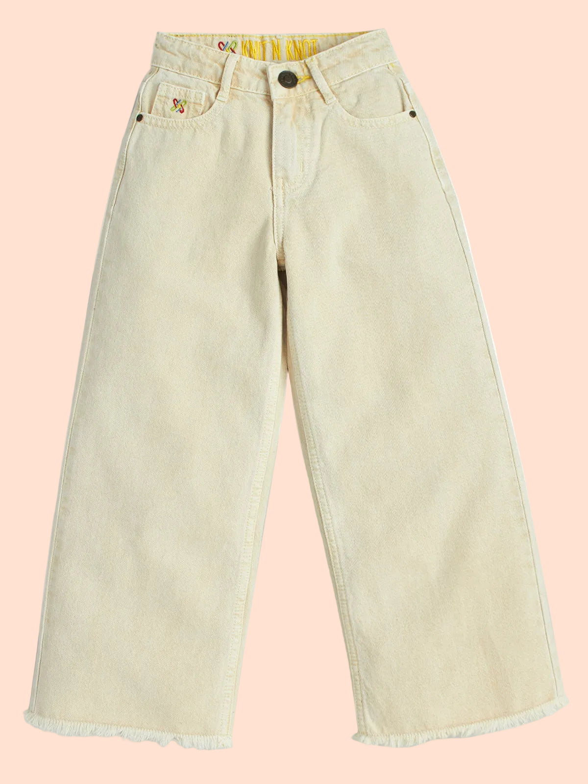 Knit N Knot Girls' Wide Flaring Fit High Waist Beige Jeans