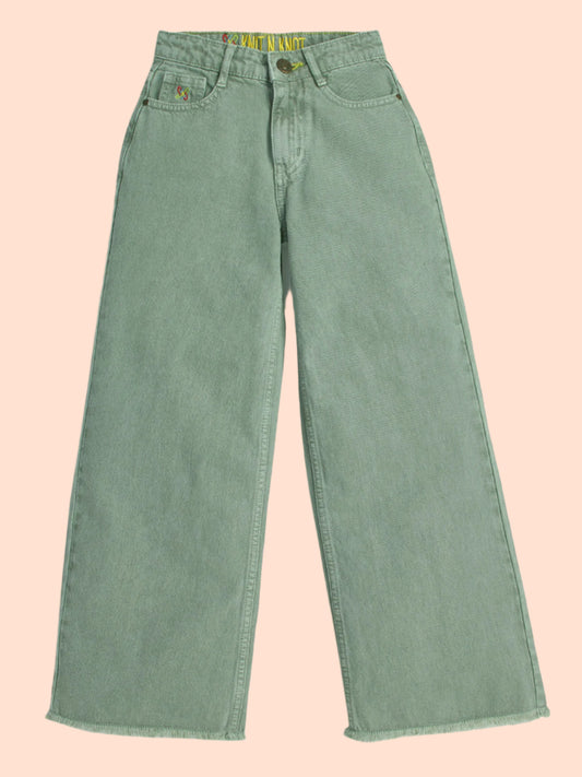 Knit N Knot Girl's Kids Olive Grey Green Wide Leg Flared Fit Relaxed Loose Colour High Waist Frayed Bottom Jeans | Regular Casual Festival Occassional Wear | Non Stretch | Adjustable Waist