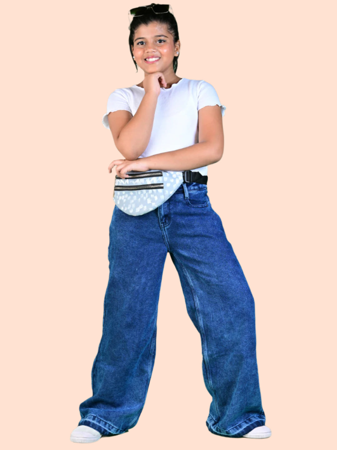 Knit N Knot Girls' Wide Flaring Fit High Waist Blue Cloud Jeans