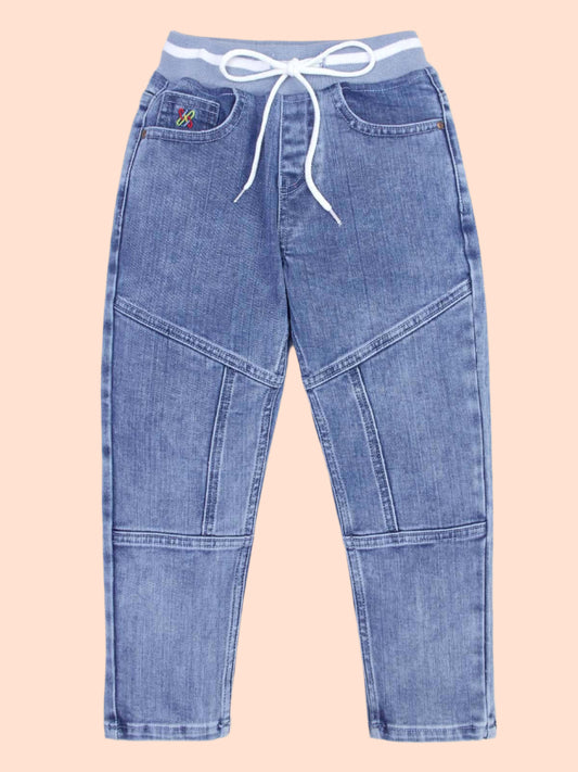 Knit N Knot Boys' Kids' Blue Denim Paneled Cut and sew Cotton Stretchable Jogger Pant Elastic Waist Drawstring Soft Cuffs Stylish Jeans | Comfortable Denim Track Pant