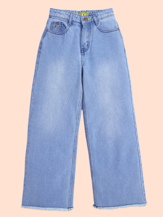 Knit N Knot Girl's Kids Premium Blue Faded Wide Leg Flared Fit Relaxed Loose Clean Solid High Waist Frayed Bottom Jeans | Regular Casual Festival Occassional Wear | Non Stretch | Adjustable Waist