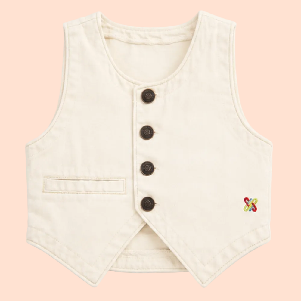 Knit N Knot Girls Beige Solid Sleeveless Waistcoat | Premium Textured Round-Neck Button Closure Casual, Party Vest Jacket Top| Stylish Casual Layering Jacket