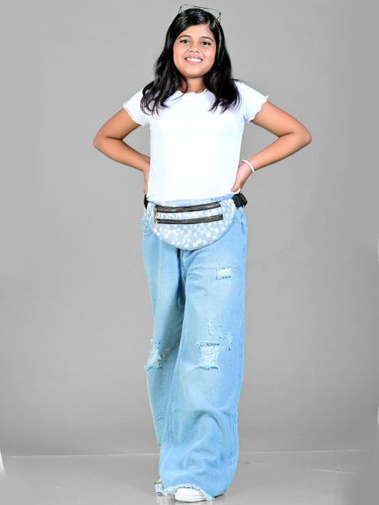 Knit N Knot Girls' Wide Flaring Fit High Waist Light Blue Tearing Jeans with Bottom Fringes
