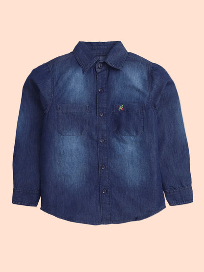Knit N Knot Boys Denim Casual Shirt Full Sleeves, Stone-Washed Indigo Blue, Double Chest Pockets, Stylish Kids Jeans Shirt, Western Look Cotton Jacket