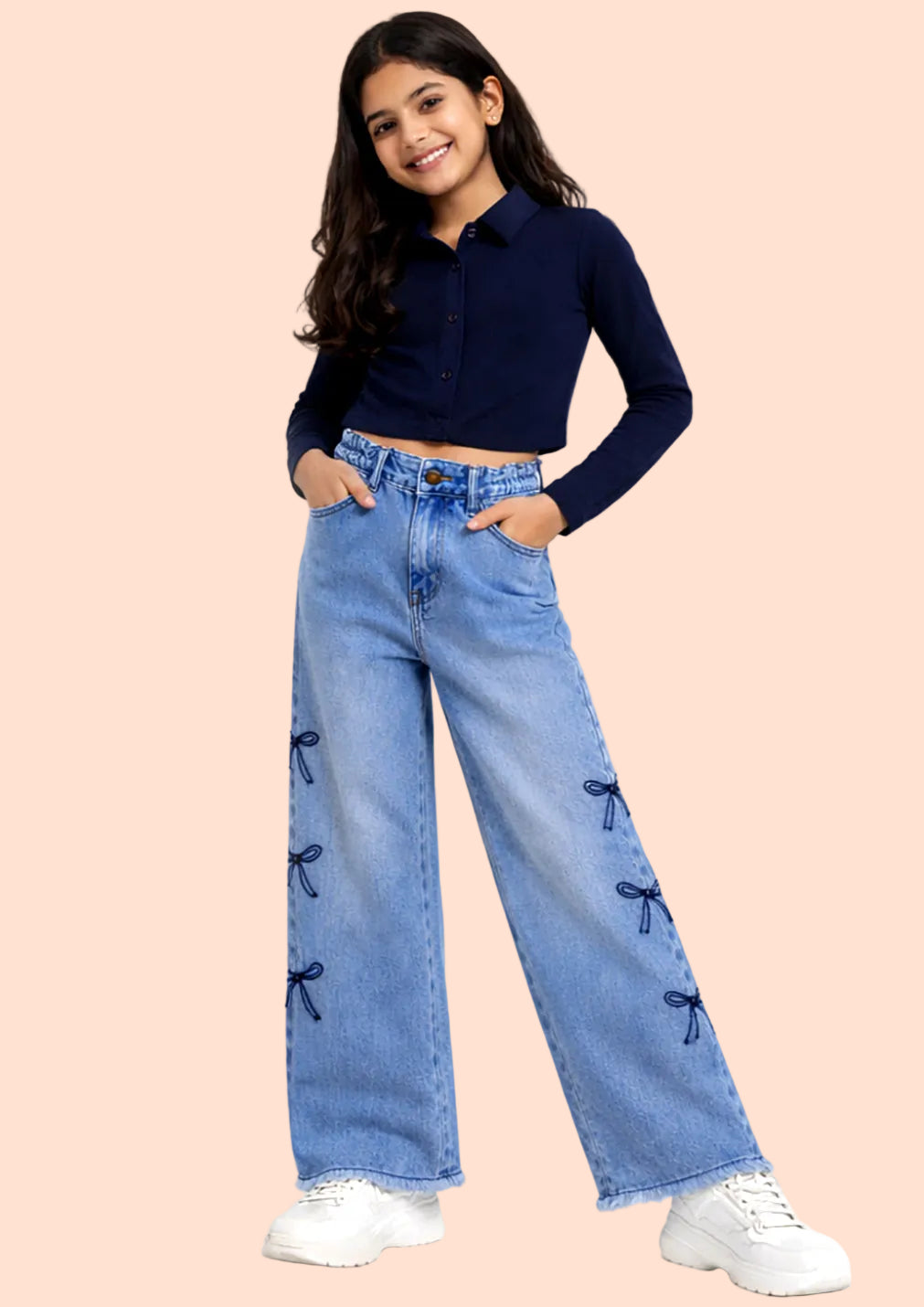 Knit N Knot Girls' Light Blue High Waist Wide Flaring Fit Cotton Denim Jeans with Embroidered Sides