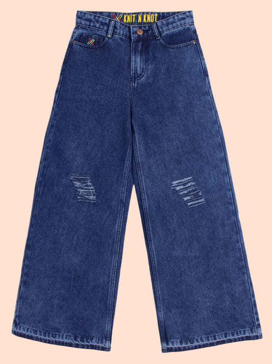 Knit N Knot Girls' Kids Premium Indigo Blue Wide Leg high Rise Flared fit, Relaxed Loose Ruptured Cloud Bottom Effect Jeans | Regular Casual Festival Occassional Wear | Non Stretch | Adjustable Waist