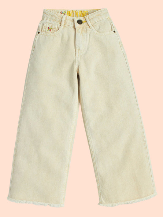 Knit N Knot Girl's Kids Beige Cream Wide Leg Flared Fit Relaxed Loose Colour High Waist Frayed Bottom Jeans | Regular Casual Festival Occassional Wear | Non Stretch | Adjustable Waist