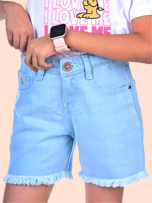 Knit N Knot Girls Cotton Ice wash, Light Blue Denim high Rise, Relaxed fit, Clean, Fashionable, Bottom Fringed Jeans Shorts for Kids| Comfortable, Trendy, Casual Wear| Adjustable Waist