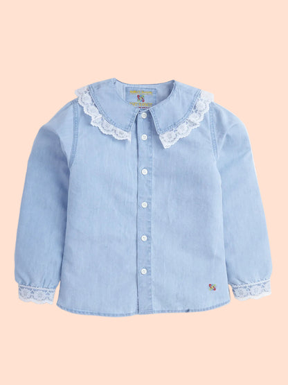 Knit N Knot Girls Cotton Denim Shirt Top – Light Blue Collar with Lace Trim, Button-Up Long Sleeves, Cute Casual Wear for Kids, 100% Soft Cotton Fabric