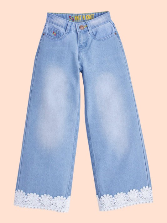 Knit N Knot Girls' Kids Light Blue Wide Leg Flared Fit Relaxed Loose high Rise Jeans with Attached Embroidered Floral Lace Bottom | Casual Festival Occassional wear | Non Stretch |Adjustable Waist