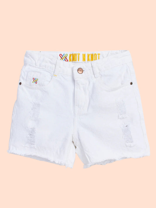 Knit N Knot White Distressed Open Fringe Shorts for Girls