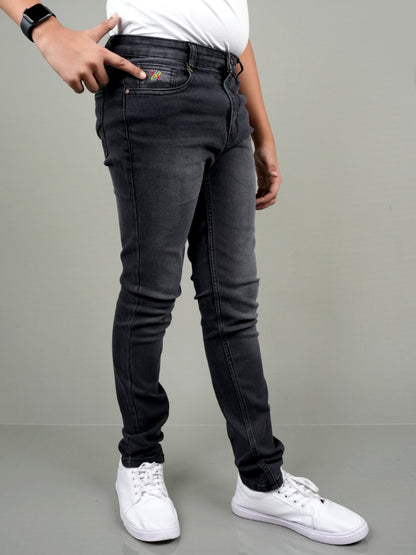 Knit N Knot Boys' Slim Fit Stretchable Black Faded Jeans