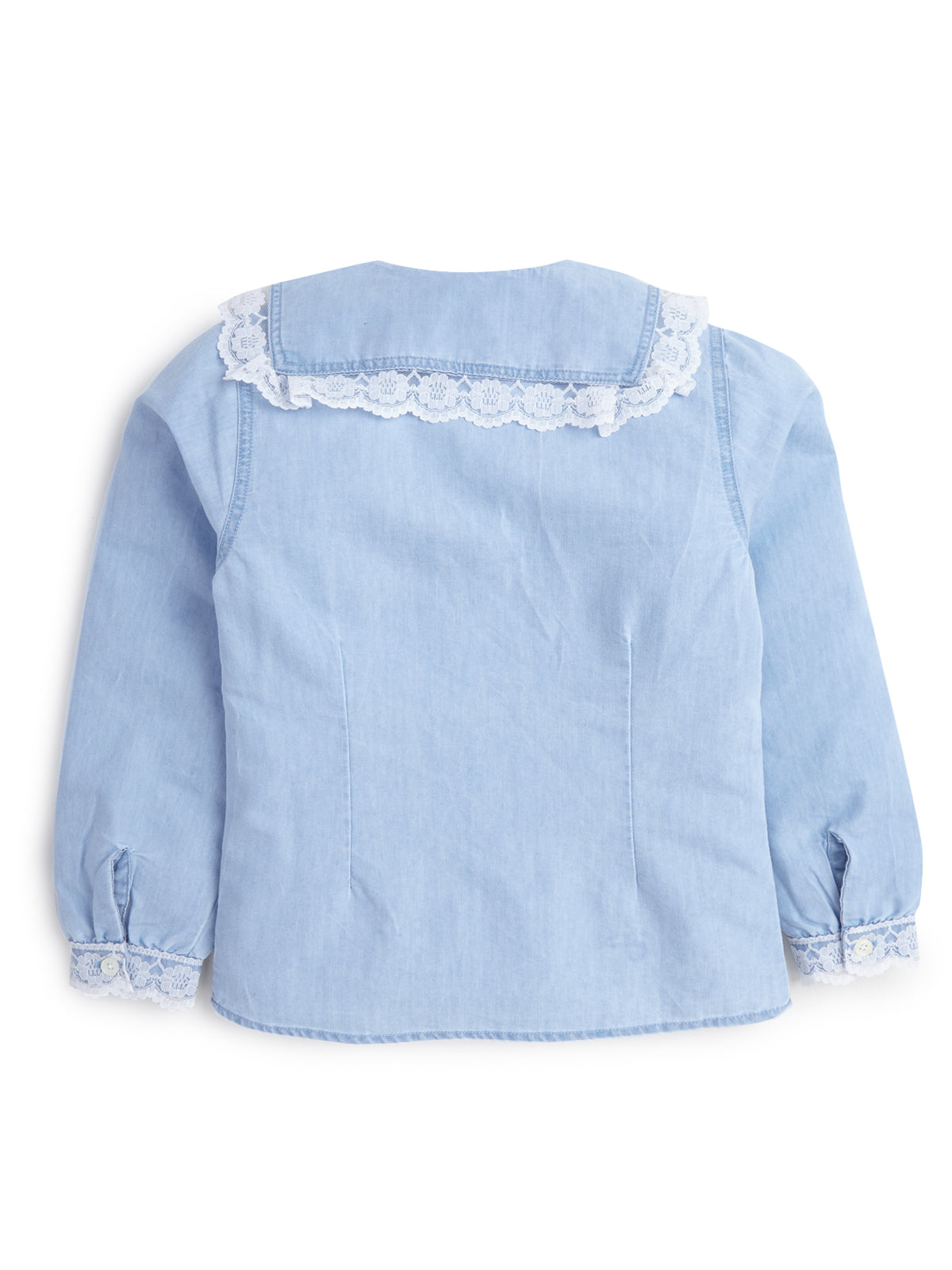 Knit N Knot Girls Cotton Denim Shirt Top – Light Blue Collar with Lace Trim, Button-Up Long Sleeves, Cute Casual Wear for Kids, 100% Soft Cotton Fabric