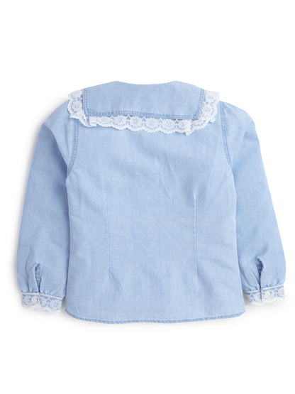 Knit N Knot Girls Cotton Denim Shirt Top – Light Blue Collar with Lace Trim, Button-Up Long Sleeves, Cute Casual Wear for Kids, 100% Soft Cotton Fabric