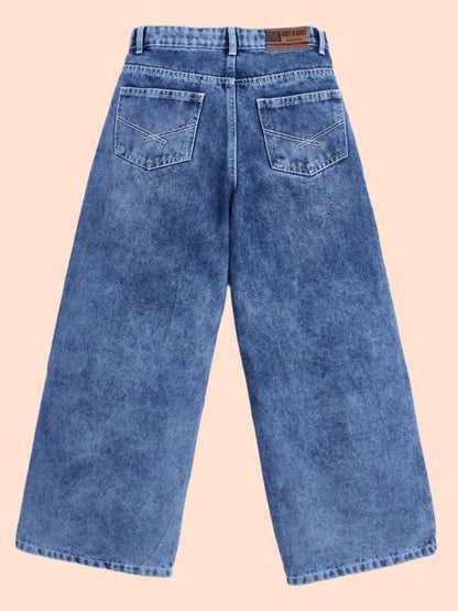 Knit N Knot Girls' Kids Premium Blue Wide Leg high Rise Flared fit, Relaxed Loose Mist Cloud Washed Bottom Effect Jeans | Regular Casual Festival Occassional Wear | Non Stretch | Adjustable Waist