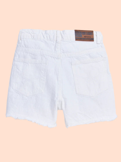 Knit N Knot White Distressed Open Fringe Shorts for Girls