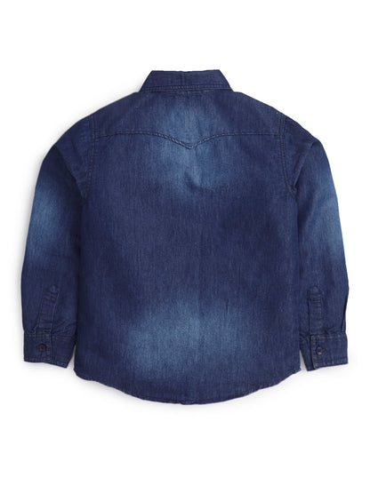 Knit N Knot Boys Denim Casual Shirt Full Sleeves, Stone-Washed Indigo Blue, Double Chest Pockets, Stylish Kids Jeans Shirt, Western Look Cotton Jacket