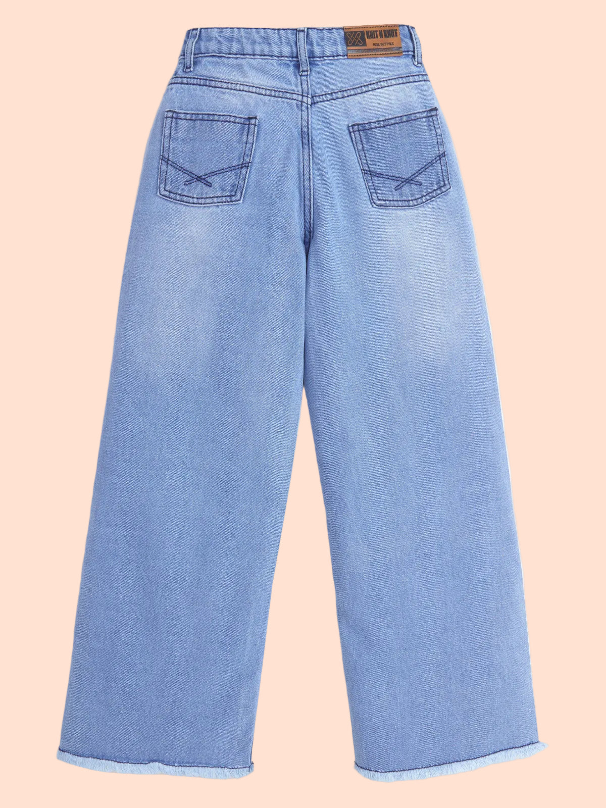 Knit N Knot Girls' Wide Flaring Fit High Waist Heavy Faded Blue Fringed Bottom Jeans