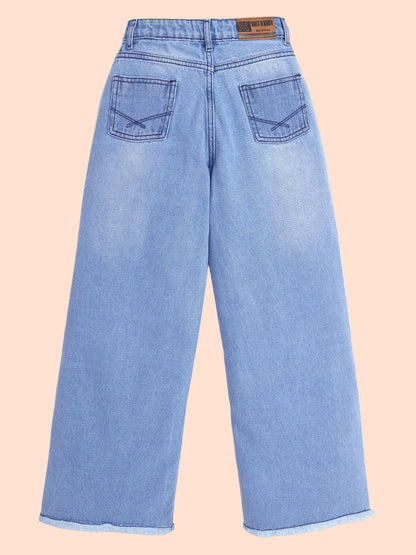 Knit N Knot Girls' Wide Flaring Fit High Waist Heavy Faded Blue Fringed Bottom Jeans