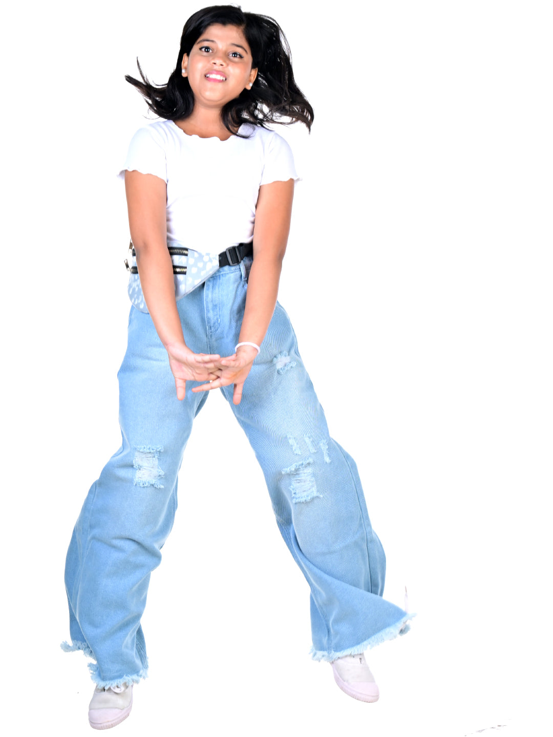Knit N Knot Girls' Wide Flaring Fit High Waist Light Blue Tearing Jeans with Bottom Fringes
