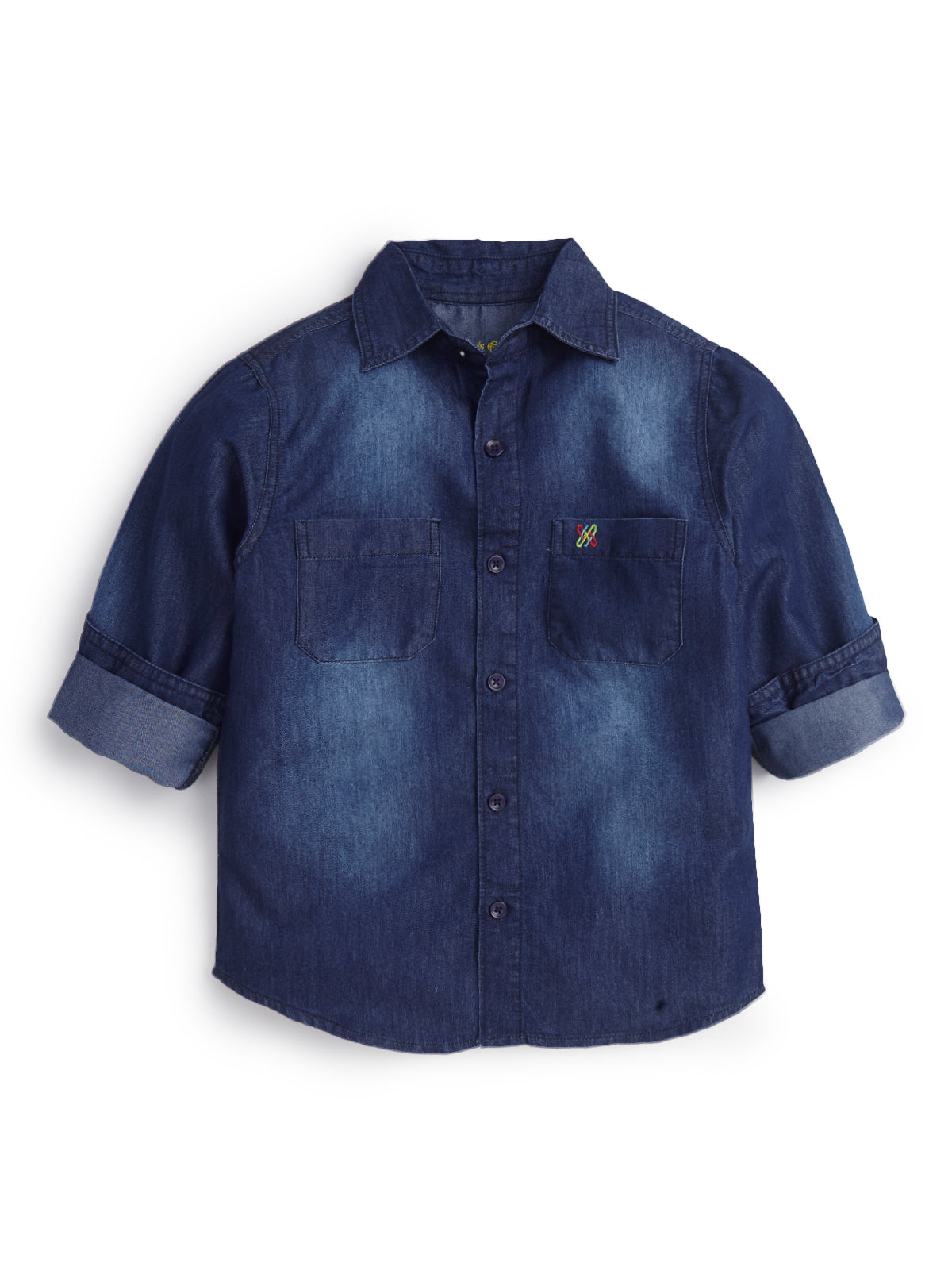 Knit N Knot Boys Denim Casual Shirt Full Sleeves, Stone-Washed Indigo Blue, Double Chest Pockets, Stylish Kids Jeans Shirt, Western Look Cotton Jacket