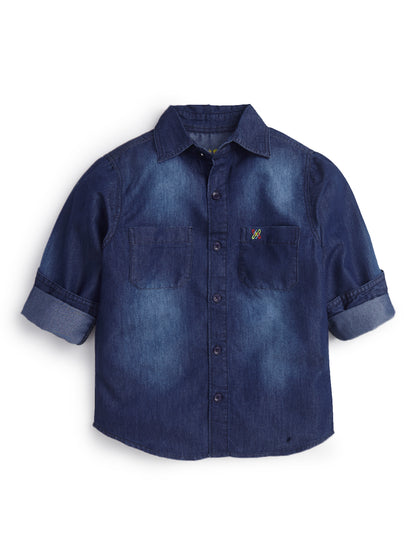 Knit N Knot Boys Denim Casual Shirt Full Sleeves, Stone-Washed Indigo Blue, Double Chest Pockets, Stylish Kids Jeans Shirt, Western Look Cotton Jacket