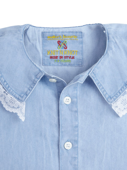 Knit N Knot Girls Cotton Denim Shirt Top – Light Blue Collar with Lace Trim, Button-Up Long Sleeves, Cute Casual Wear for Kids, 100% Soft Cotton Fabric