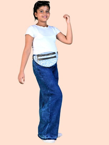 Knit N Knot Girls' Wide Flaring Fit High Waist Blue Cloud Jeans