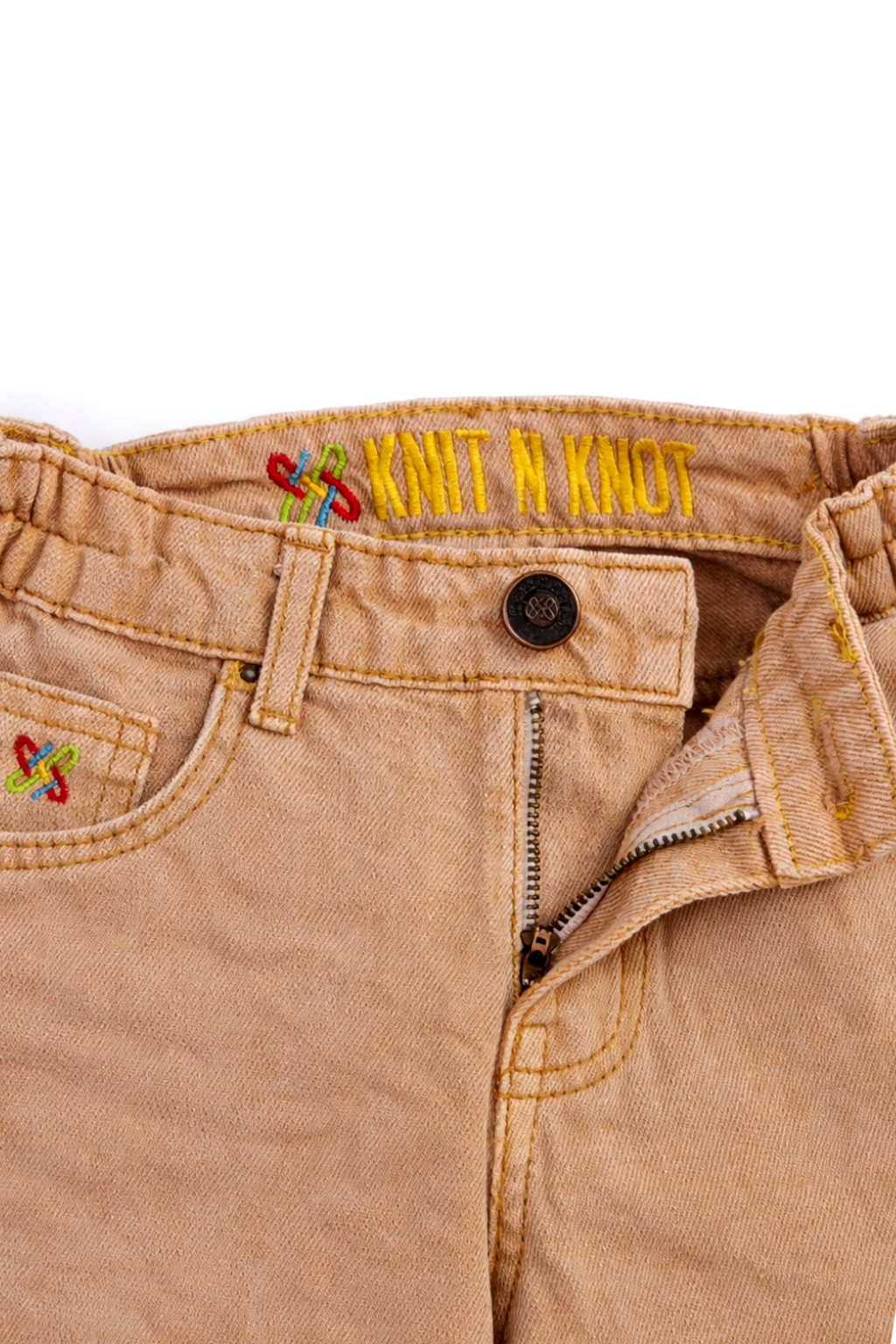 Knit N Knot Girls Tan Brown Wide Leg Cotton Denim Jeans with Elasticated Waist