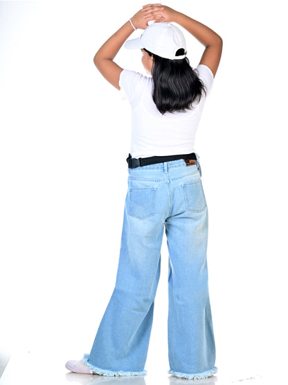 Knit N Knot Girls' Wide Flaring Fit High Waist Light Blue Tearing Jeans with Bottom Fringes