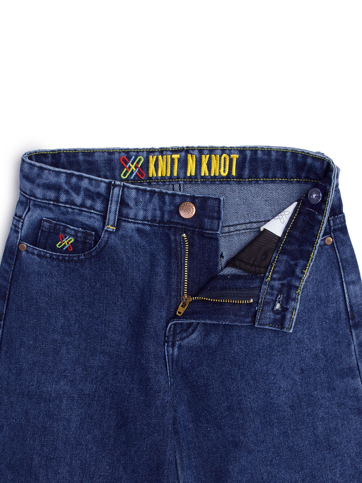 Knit N Knot Girls' Kids Premium Indigo Blue Wide Leg high Rise Flared fit, Relaxed Loose Ruptured Cloud Bottom Effect Jeans | Regular Casual Festival Occassional Wear | Non Stretch | Adjustable Waist