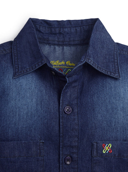Knit N Knot Boys Denim Casual Shirt Full Sleeves, Stone-Washed Indigo Blue, Double Chest Pockets, Stylish Kids Jeans Shirt, Western Look Cotton Jacket