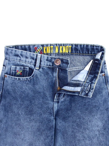 Knit N Knot Girls' Kids Premium Blue Wide Leg high Rise Flared fit, Relaxed Loose Mist Cloud Washed Bottom Effect Jeans | Regular Casual Festival Occassional Wear | Non Stretch | Adjustable Waist
