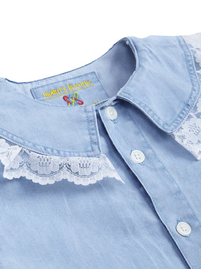 Knit N Knot Girls Cotton Denim Shirt Top – Light Blue Collar with Lace Trim, Button-Up Long Sleeves, Cute Casual Wear for Kids, 100% Soft Cotton Fabric