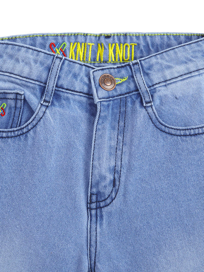 Knit N Knot Girls' Wide Flaring Fit High Waist Heavy Faded Blue Fringed Bottom Jeans