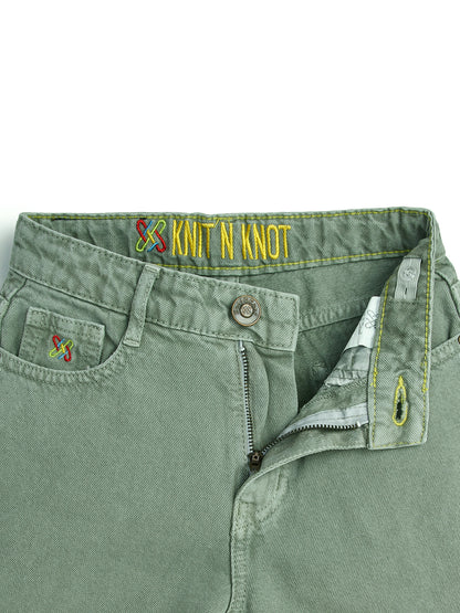 Knit N Knot Girl's Kids Olive Grey Green Wide Leg Flared Fit Relaxed Loose Colour High Waist Frayed Bottom Jeans | Regular Casual Festival Occassional Wear | Non Stretch | Adjustable Waist