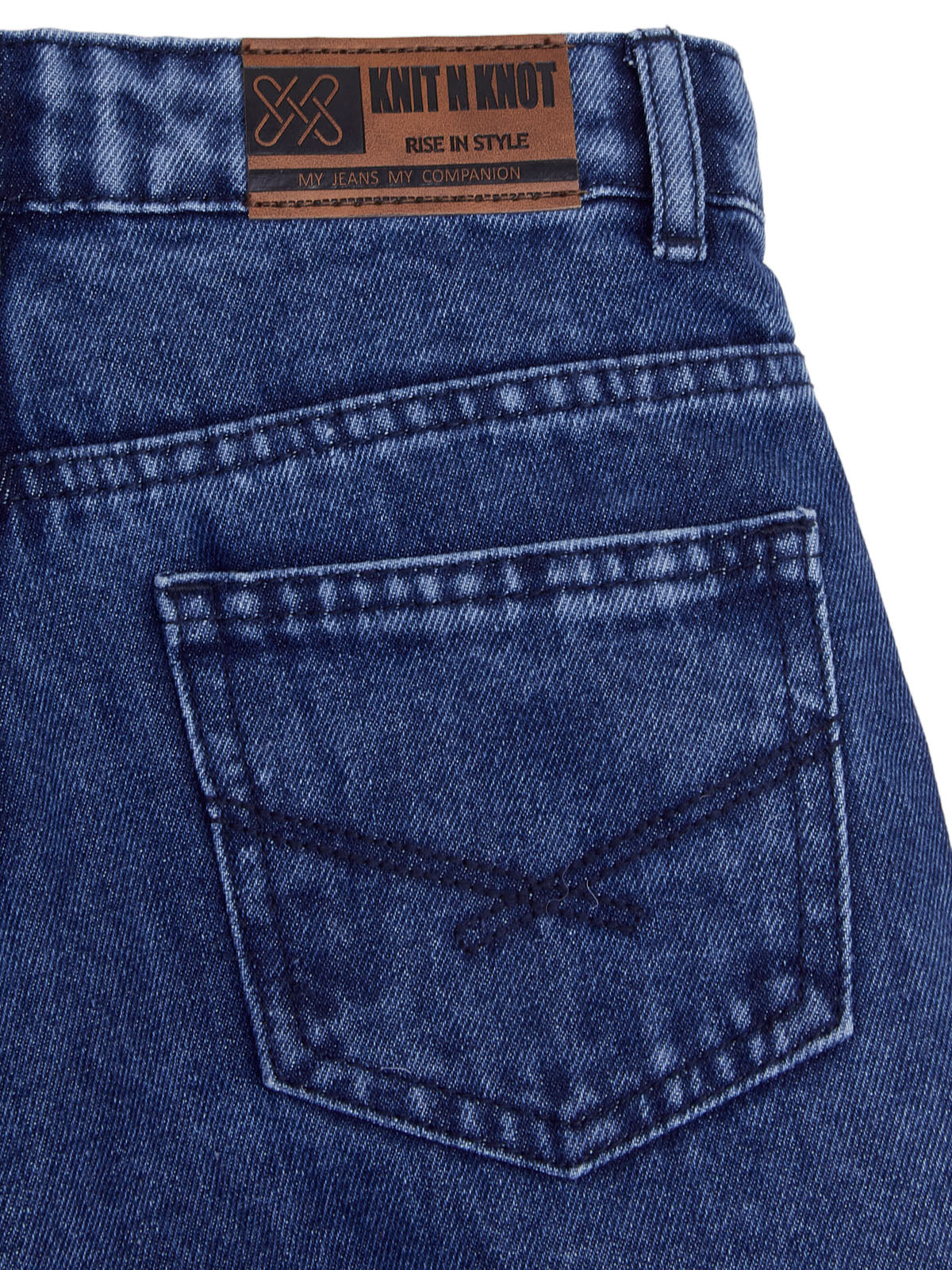 Knit N Knot Girls' Kids Premium Indigo Blue Wide Leg high Rise Flared fit, Relaxed Loose Ruptured Cloud Bottom Effect Jeans | Regular Casual Festival Occassional Wear | Non Stretch | Adjustable Waist