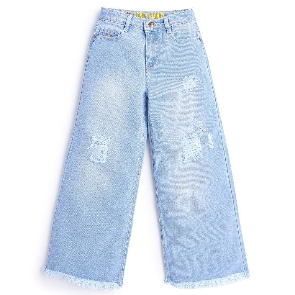 Knit N Knot Girls' Wide Flaring Fit High Waist Light Blue Tearing Jeans with Bottom Fringes
