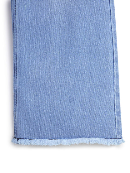 Knit N Knot Girls' Wide Flaring Fit High Waist Heavy Faded Blue Fringed Bottom Jeans