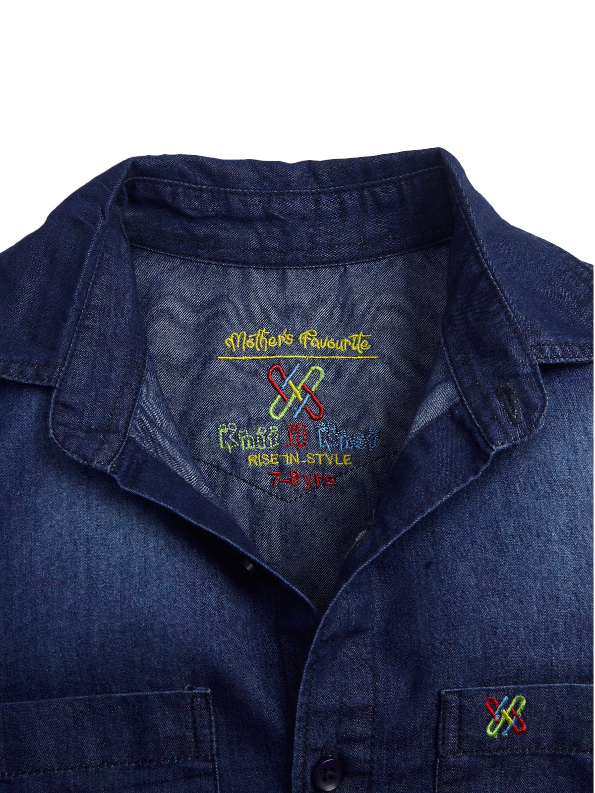 Knit N Knot Boys Denim Casual Shirt Full Sleeves, Stone-Washed Indigo Blue, Double Chest Pockets, Stylish Kids Jeans Shirt, Western Look Cotton Jacket